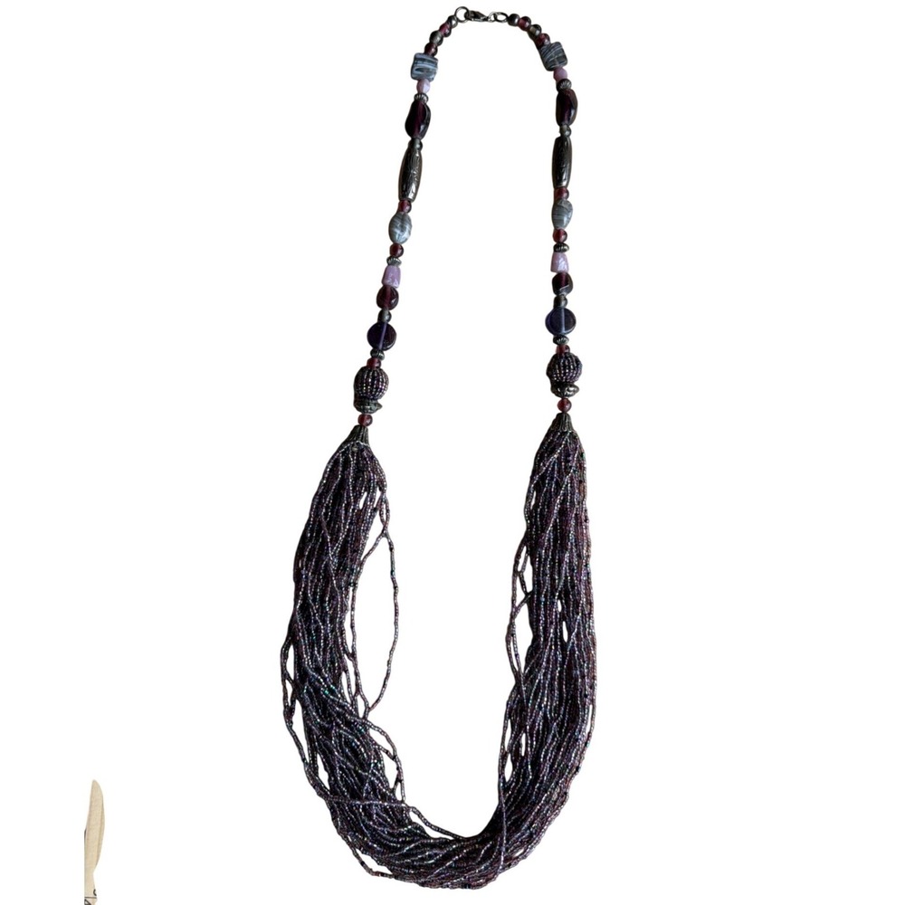 Purple Multi Strand Seed Bead Statement Necklace Art Glass Stone Accents Layered